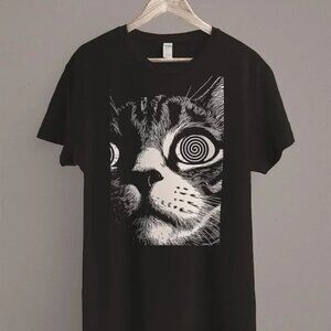 Trippy Hypnotic Cat T-Shirt – Psychedelic Spiral Eyes Graphic Tee, Funny Cute